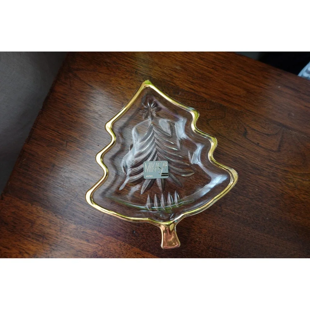 Vintage MIKASA Japan clear with gold trim Christmas tree‎ trinket dish